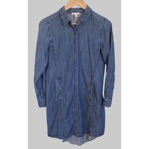 Eileen Fisher Denim Button-Up Shirt Dress Womens XS Quiet Luxury Tencel Chambray